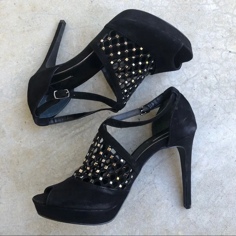 Alfani Black Suede Cage Heels 8.5 Embellished Strappy Glam Night Out Party